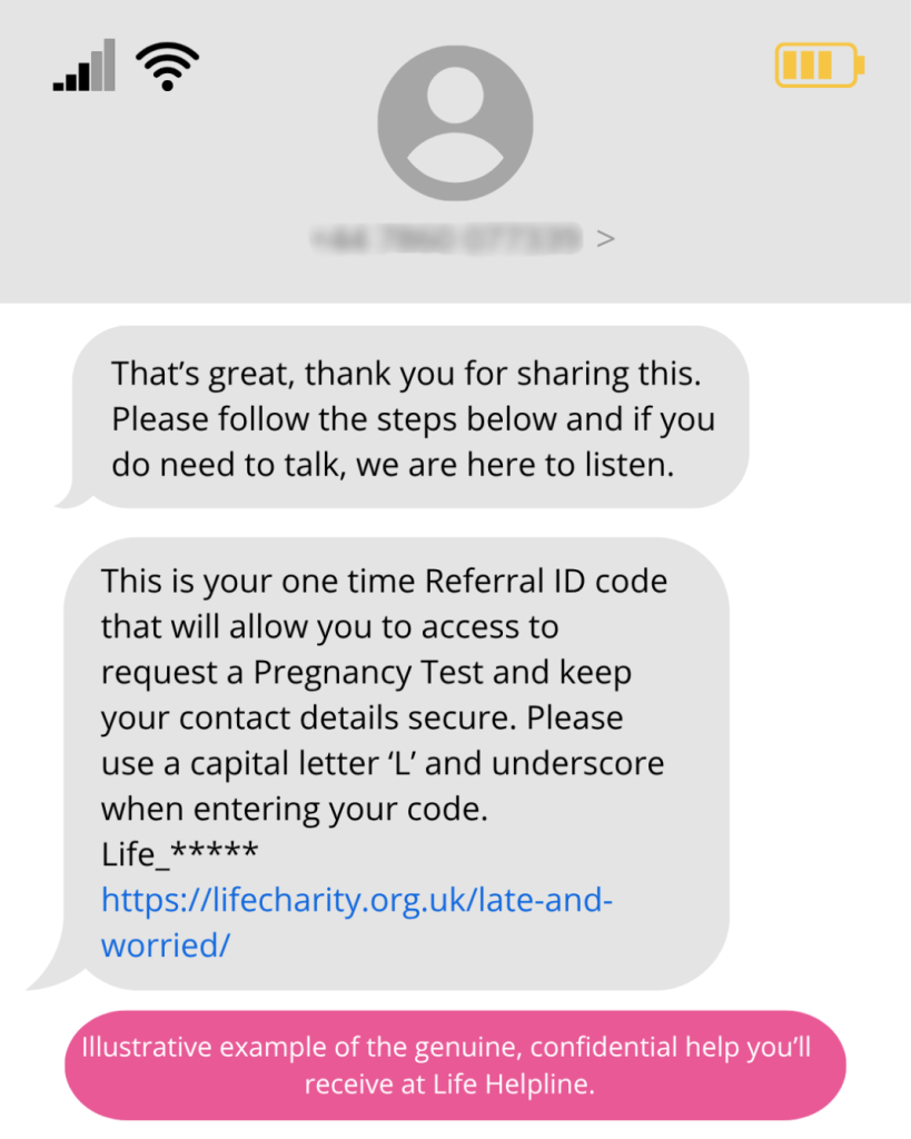 Life charity unexpected pregnancy Helpline free text message listening and free counselling service